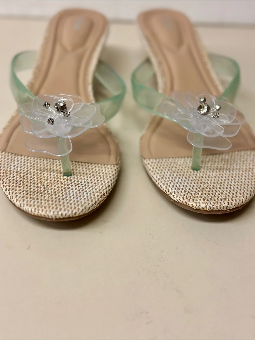 MIA Translucent Mint Floral Thong Sandals with Kitten Heels,Clear Flower Accents